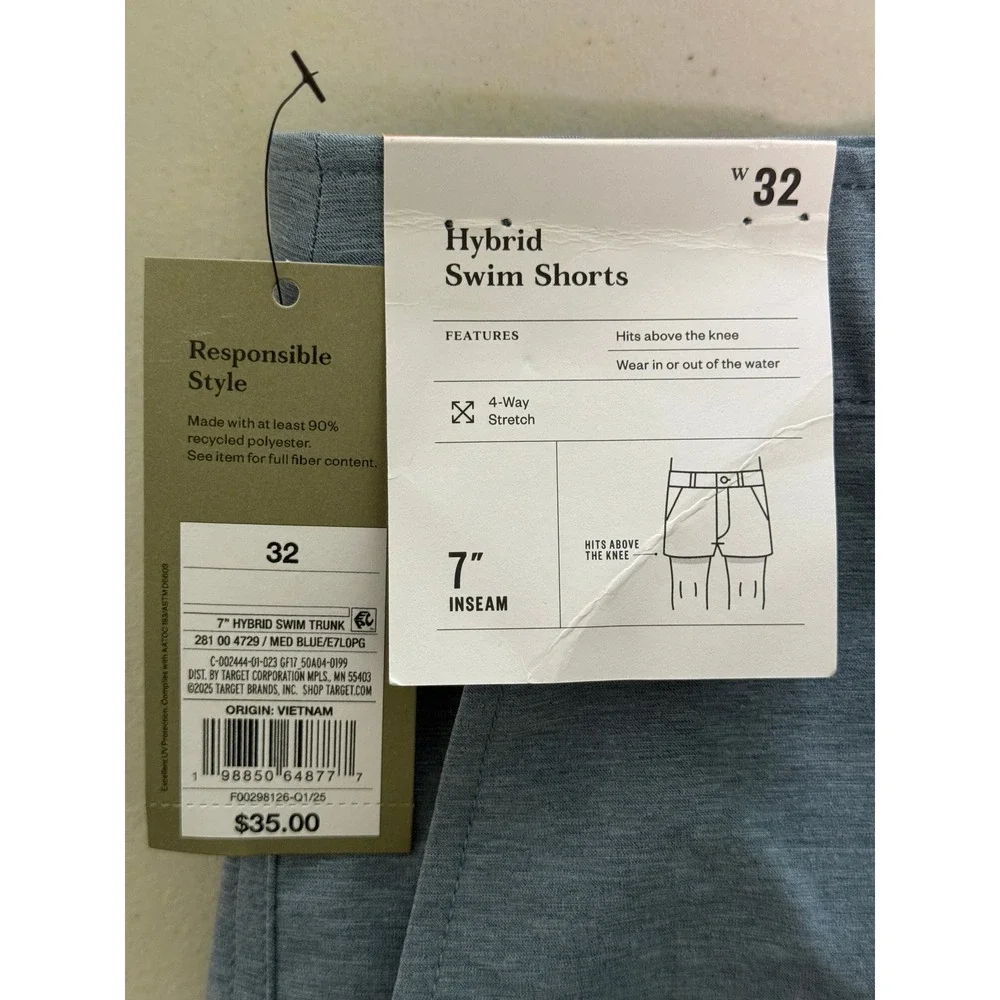 Goodfellow & Co Mens 32 Hybrid Swim Shorts Blue‎ 7 Inch Inseam 4-Way Stretch NEW